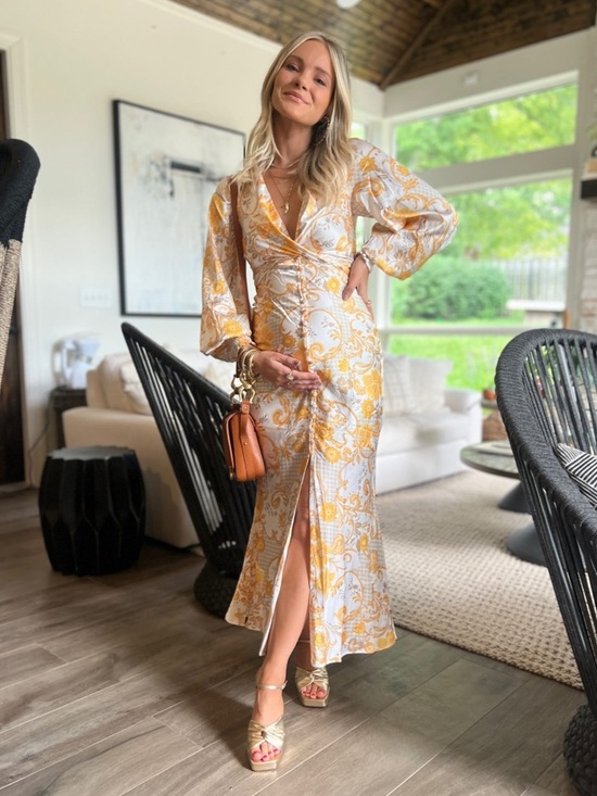 Petal & Pup Dresses & Skirts - Petal + Pup Madam Long Sleeve Midi Dress Yellow Floral Long Sleeve Womens Size L